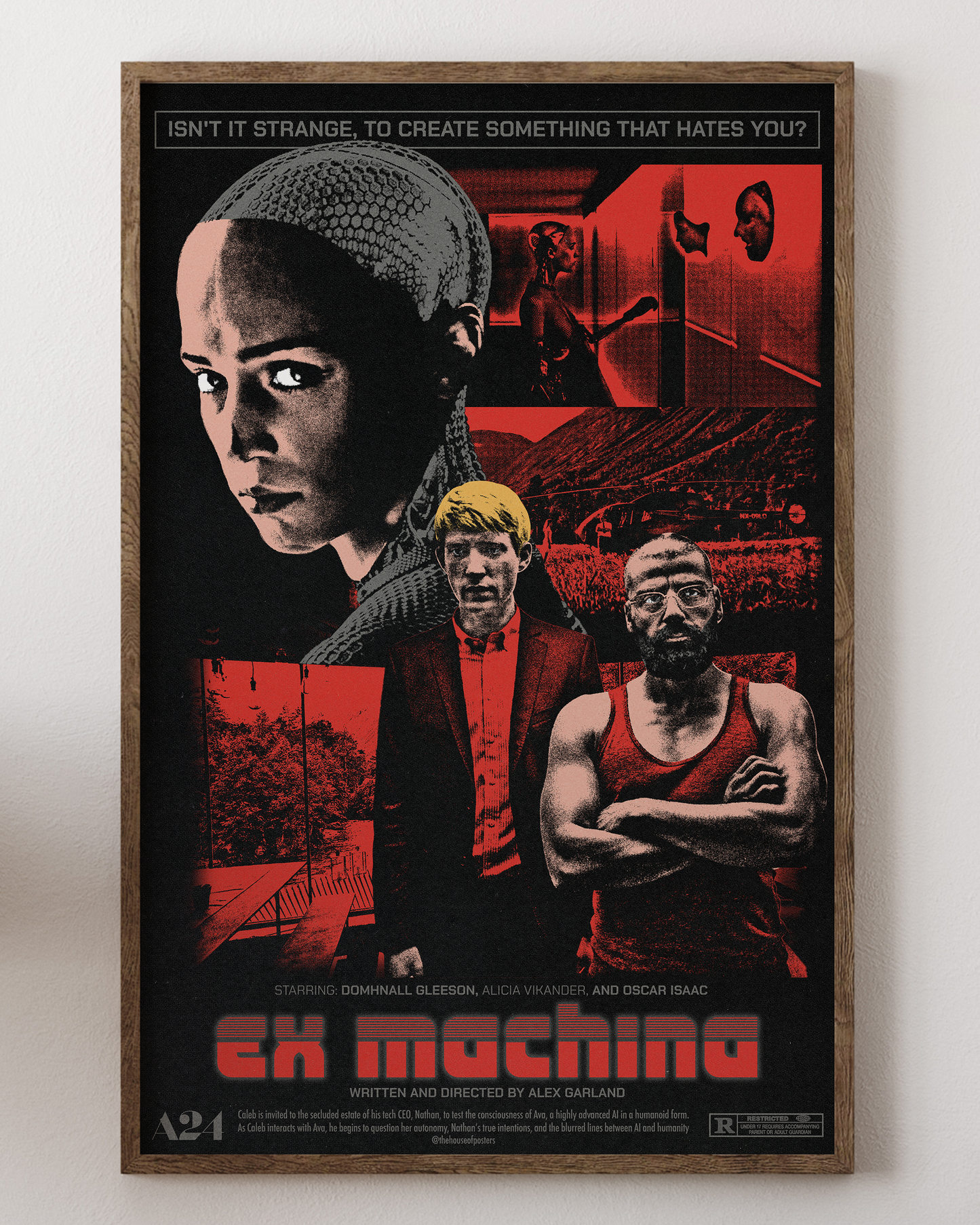 Ex Machina poster with Alicia Vikander as AI, sleek sci-fi art, from House of Posters.