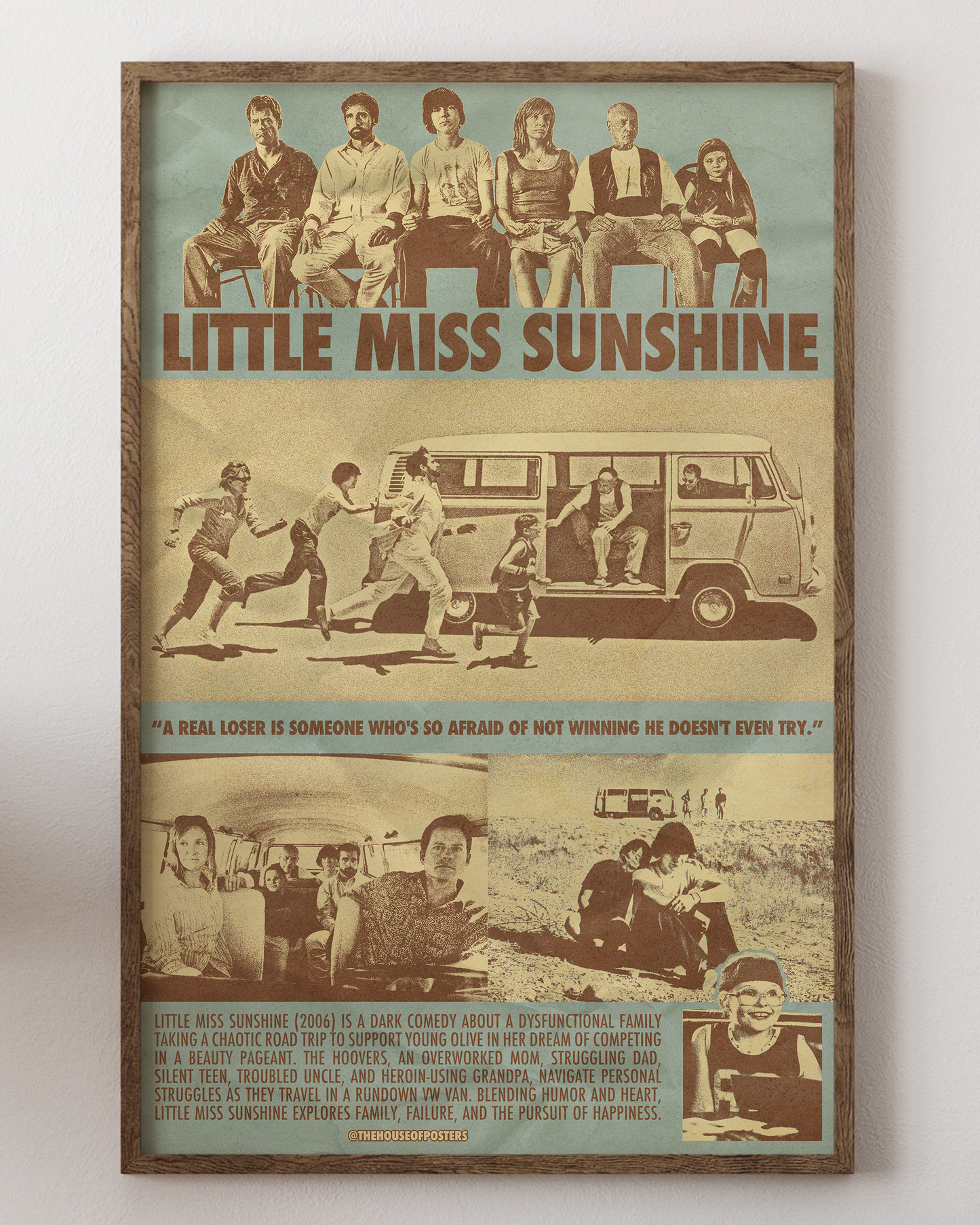 Little Miss Sunshine poster with yellow van, quirky family art, from House of Posters.