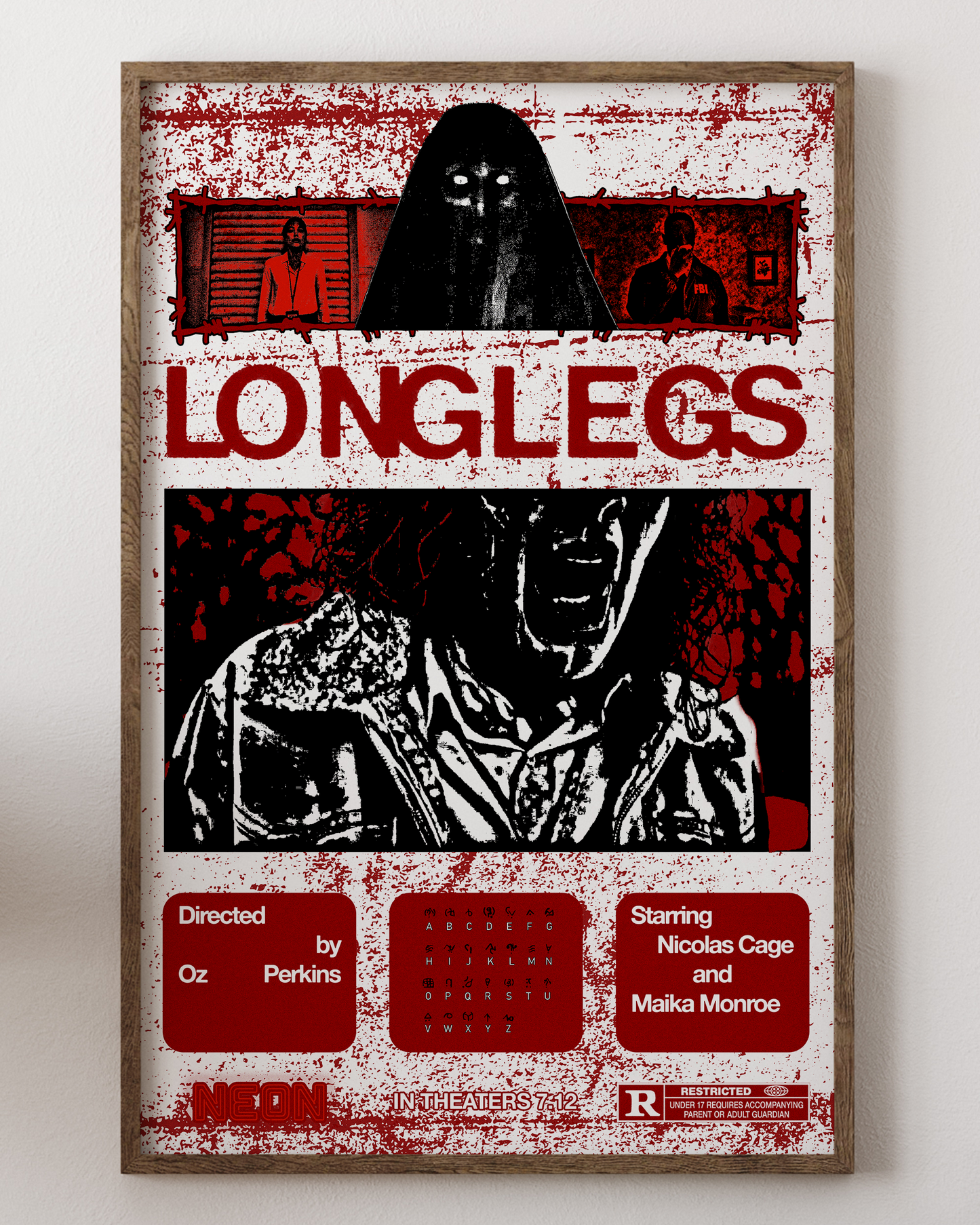 Longlegs poster with Nicolas Cage, creepy horror art, from House of Posters.