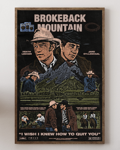 Brokeback Mountain movie poster, Heath Ledger, Jake Gyllenhaal, iconic romance film, LGBTQ movie decor, romantic drama poster, cinema art