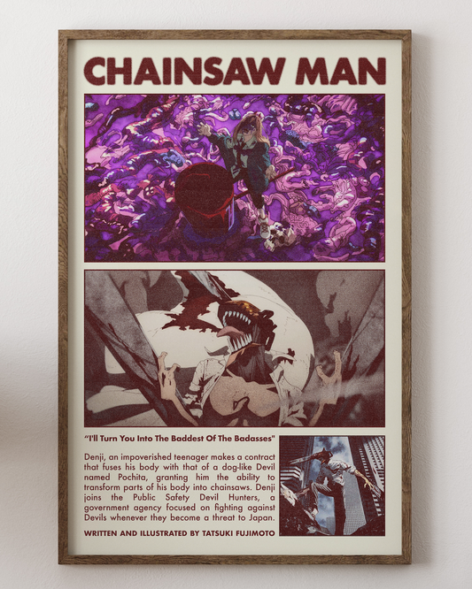 Chainsaw Man poster with Denji, intense anime horror art, from House of Posters.