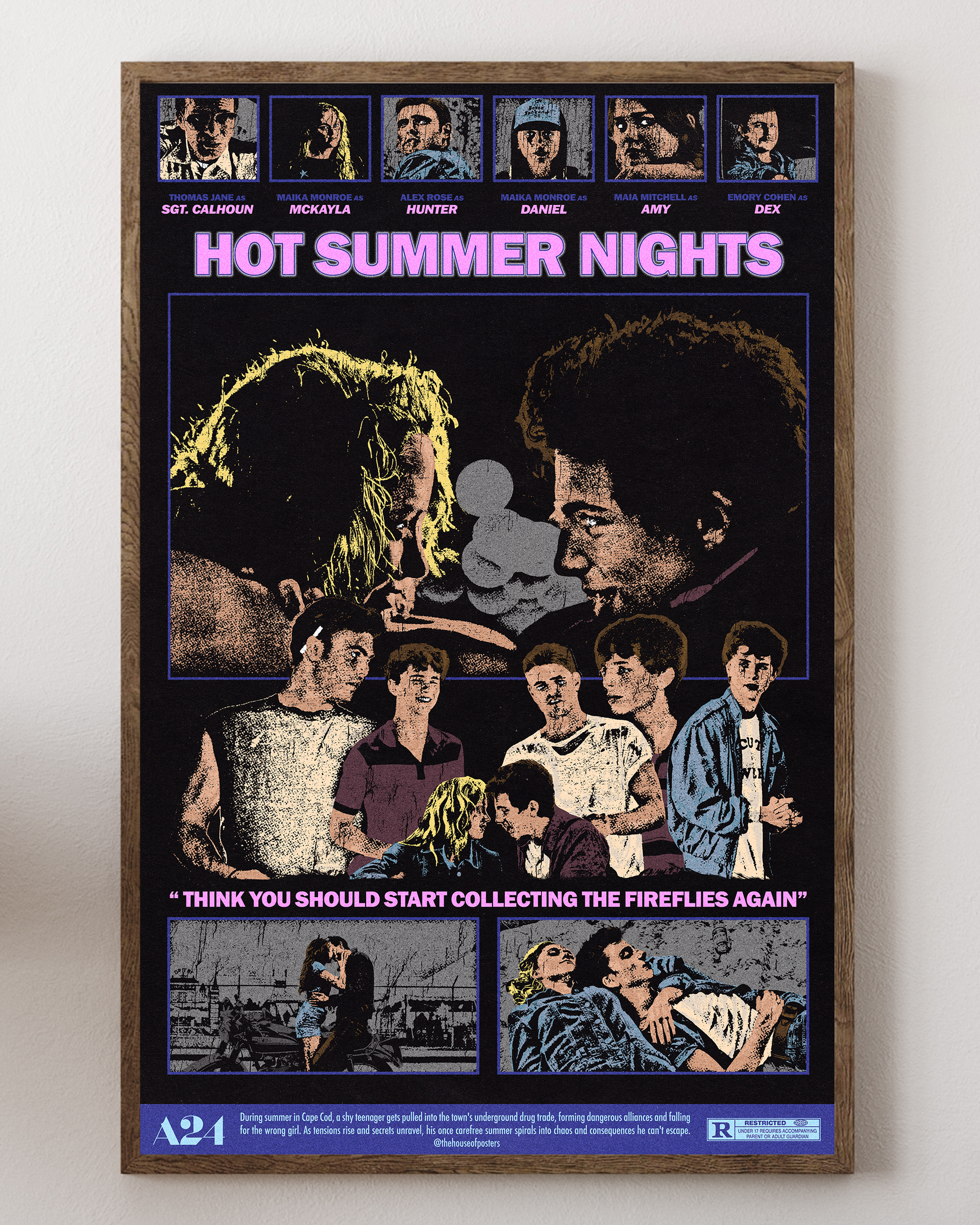 Hot Summer Nights poster with Timothée Chalamet, neon retro vibe, from House of Posters.