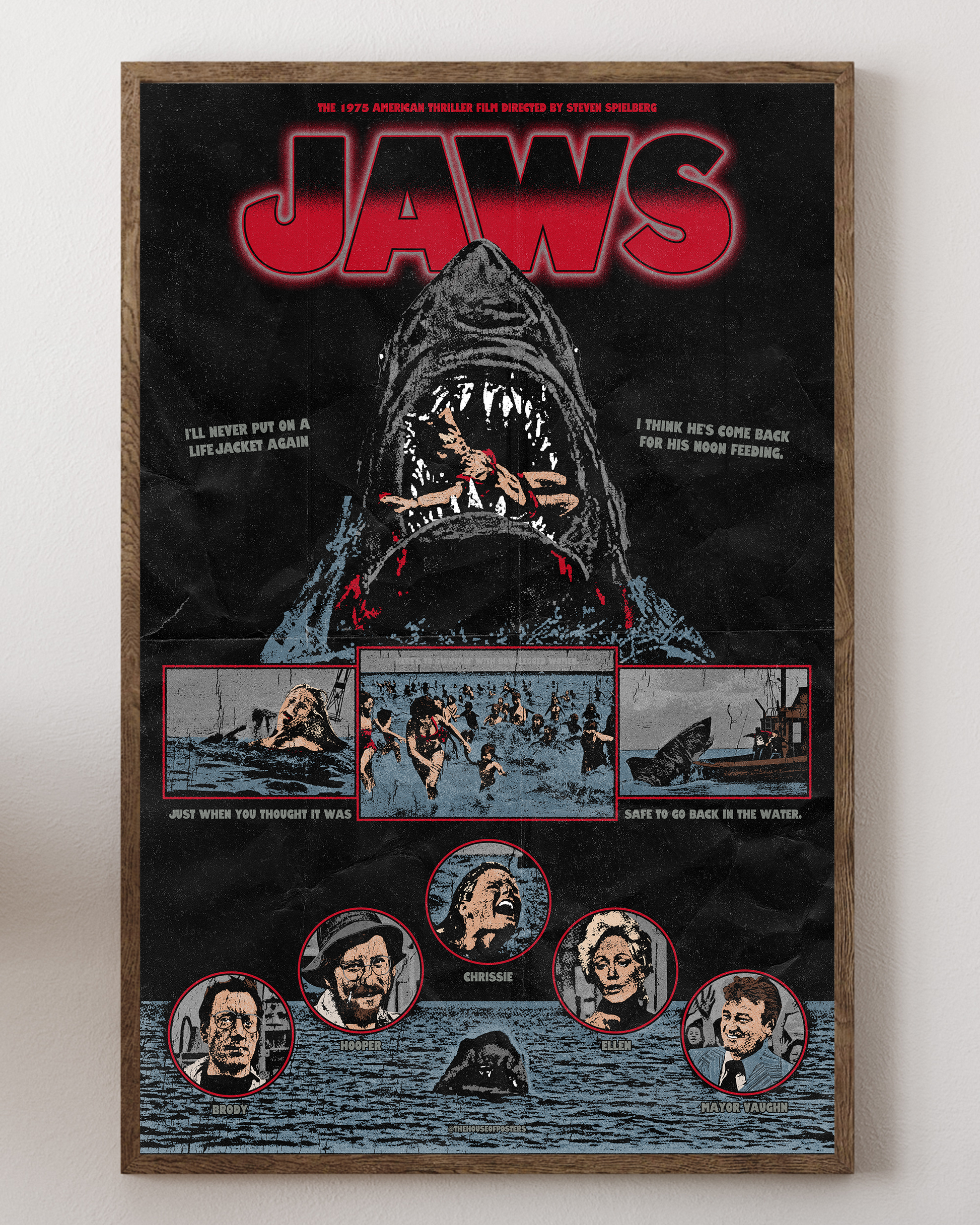 Jaws poster with shark attacking swimmer, iconic ocean art, from House of Posters.