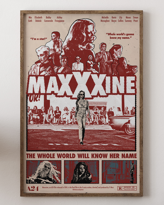 Maxxxine poster with Mia Goth, neon horror thriller art, from House of Posters.
