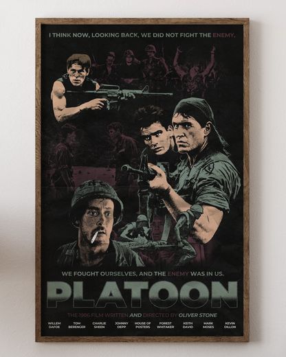 Platoon poster with Charlie Sheen, intense Vietnam War art, from House of Posters.