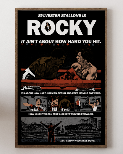 Rocky poster with Sylvester Stallone in boxing ring, gritty art, from House of Posters.