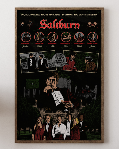 Saltburn poster with Barry Keoghan in gothic mansion, from House of Posters.
