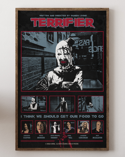 Terrifier poster with Art the Clown, gory horror art, from House of Posters.