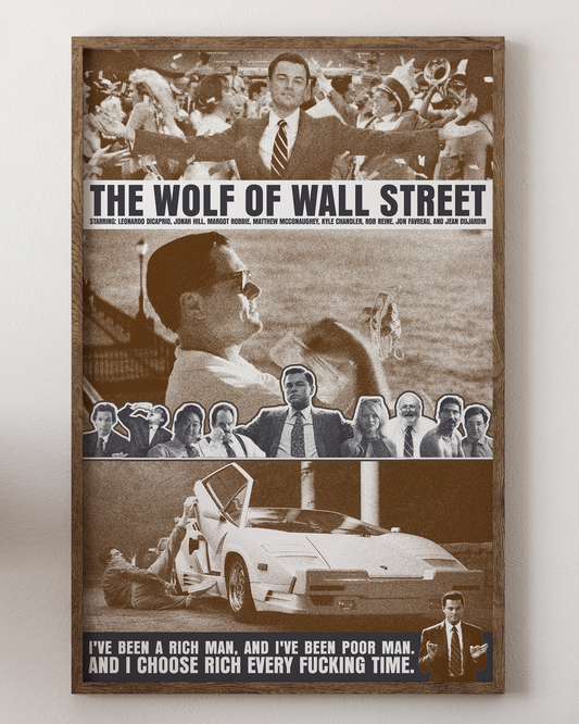 Wolf of Wall Street poster with Leonardo DiCaprio, bold art, from House of Posters.