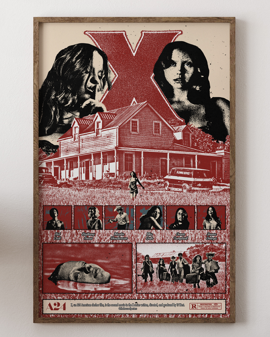 X poster with Mia Goth, retro horror film set art, from House of Posters.